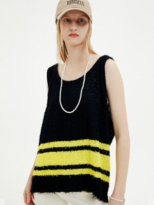 UNISEX, Tail Yarn Stripe Knit Vest / Dark Navy + Yellow
