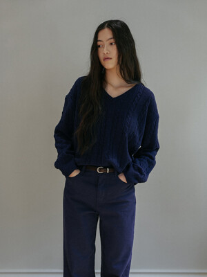 V-neck Wool Cable knit - Navy