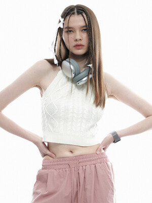 Cable Halter Crop Bustier Crop Tee Knit Tube Top [Ivory]