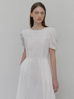 [단독] Boat Neck Pintuck Dress, White