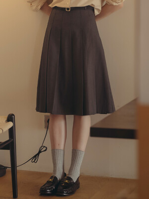 Belt set pleats midi skirt_Charcoal