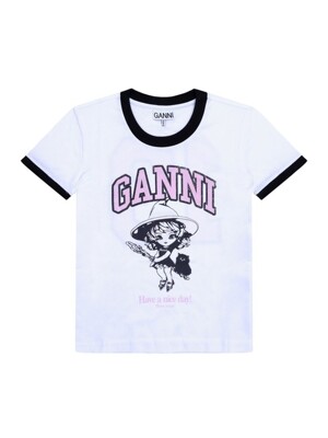 GANNI T4156 151 마녀 로고 프린트 콘트라스트 여성 반팔티