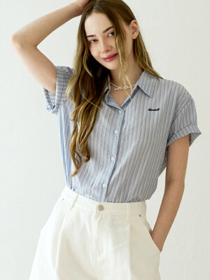 [5차리오더]Accent stripe short-sleeve shirt - Sky Blue