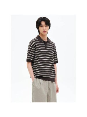 스트라이프 칼라 반소매 니트  브라운 (455651LY2D)