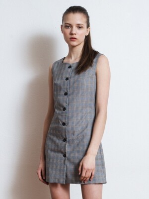 BUTTON FLY SLEEVELESS CHECK DRESS [GRAY]