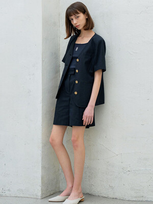 COLLARLESS HALF SLEEVE LINEN SUIT NAVY