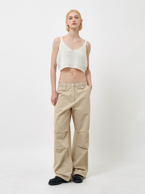 Button Wide-Fit Cotton Pants Beige