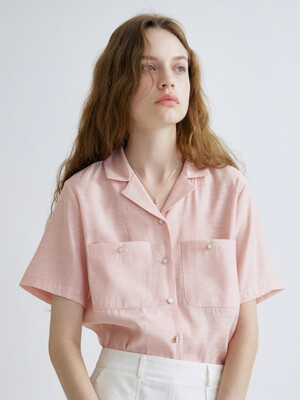 [단독]S Linen Open Collar Shirt_Pink