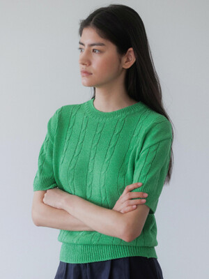 [Woman] Linen Cable Short Sleeve Knit Top (Green)