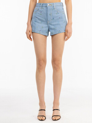 FLOWER PRINT DENIM SHORT PANTS_BLUE