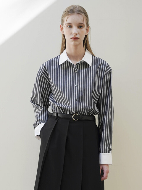 블라우스,셔츠 - 아티클레븐 (ARTICLEVEN) - HELEN COLORING COLLAR STRIPE SHIRTS BLOUSE(BLACK)