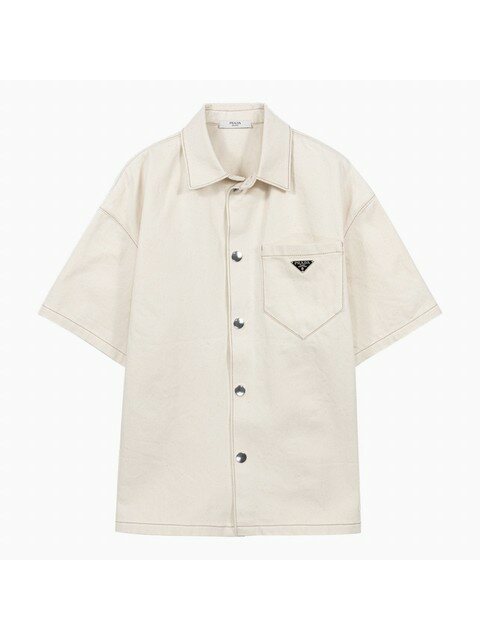 럭셔리어패럴 - 프라다 (PRADA) - 23SS 프라다 삼각 로고 아이보리 여성 반팔 셔츠 GEC067 12CD F0F4Q