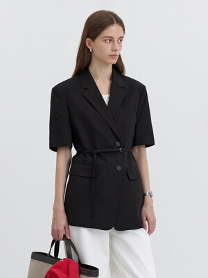 HALF SLEEVE BELTED LINEN JACKET BLACK_UDJA5B226BK