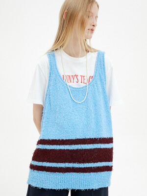 UNISEX, Tail Yarn Stripe Knit Vest / Sky Blue + Wine