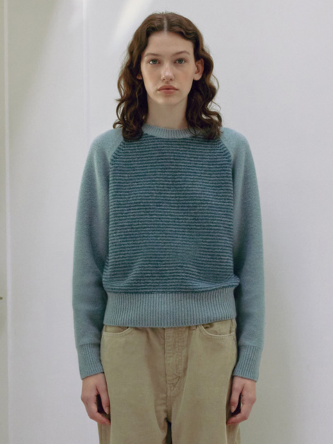 니트 - 니틀리 (KNITLY) - [Women] Wool Cotton Stripe Sweater (Lake Blue)