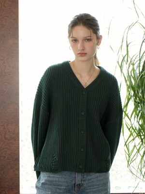 Wool V-neck Damage Knit Cardigan (Green)