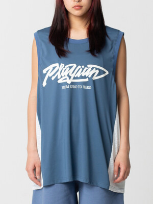 MESH SLEEVELESS T-SHIRT - BLUE+IVORY