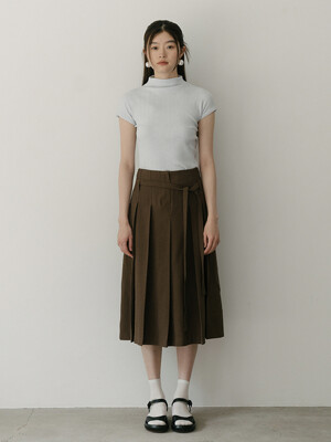 belt set pleats linen skirt_brown