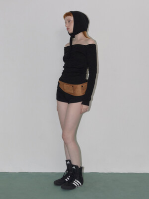 Off shoulder  knit hoodie Black