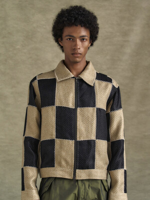 PATCHWORK ZIP-UP JACKET awa694m(BLACK/BEIGE)
