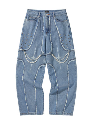 DESTROYED CROSS DENIM PANTS / BLUE
