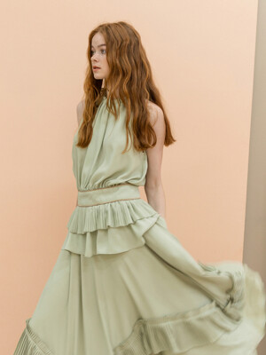 Bias Cut Trim Pleated Asymmetric Skirt_CELADON