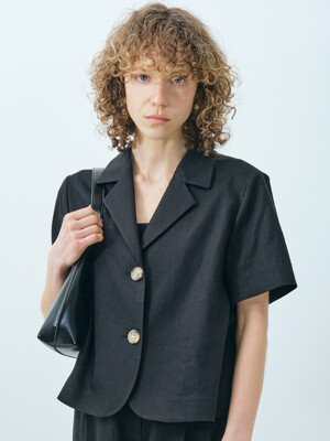 half sleeve linen crop jacket_black