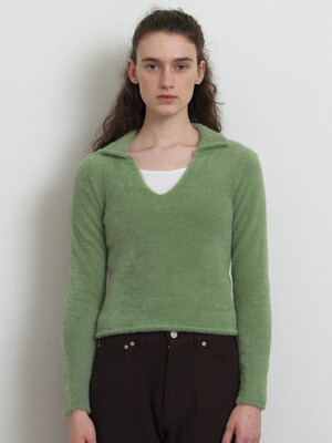 [Woman] Hairy V Neck Collar Sweater (Apple Green)