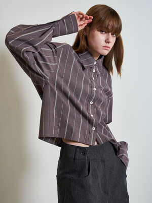 Oversized Stripe Cropped Shirt _BROWN