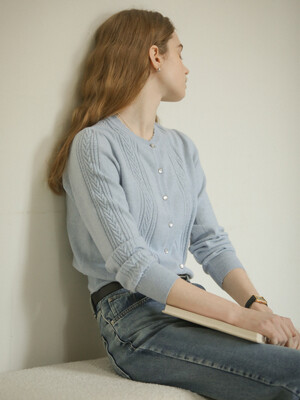 Scallop cable cashmere blended cardigan_Sky blue