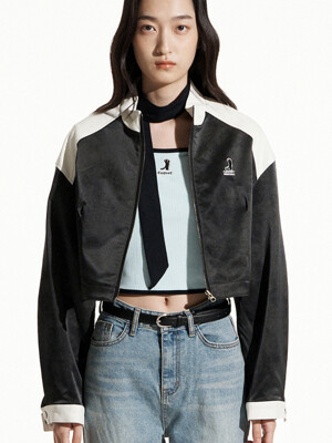 [WOMAN] HIGH NECKED COLLAR CRACK VEGANLEATHER JACKET BLACK