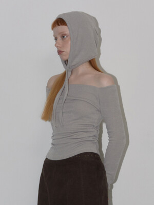 Off shoulder  knit hoodie Gray