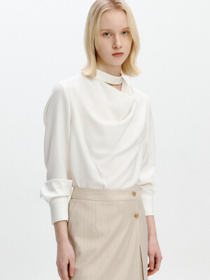 Hole Band Collar Cowl Neck Blouse OFF WHITE