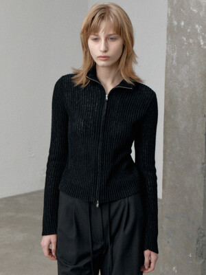 alpaca blend half neck two-way zip-up cardigan (black)