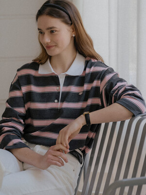 Cotton stripe base collar polo t-shirt_Charcoal