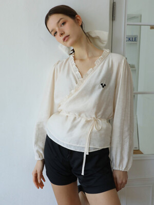 Logo Sheer Ruffled Wrap Blouse Cream