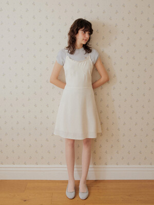 Jacquard rope belt frill neck mini dress - ivory