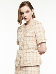 [Tweed] Fringed V-neck Tweed Jacket