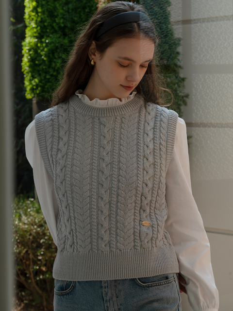 니트 - 틸아이다이 (TILLIDIE) - Round neck cable knit vest_Gray