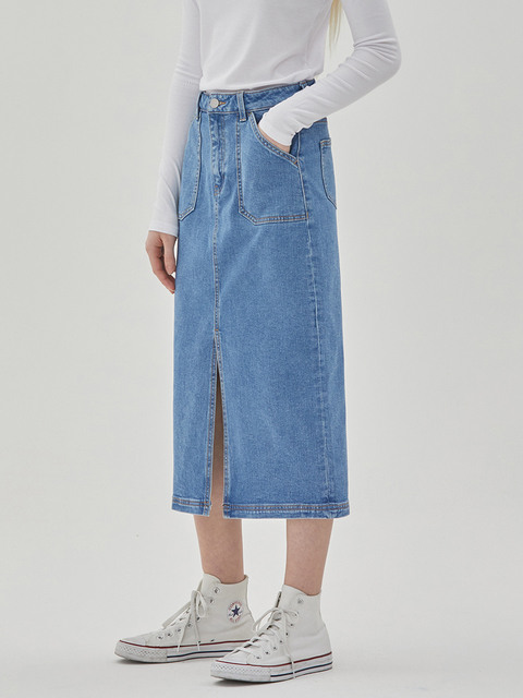 데님 - 률앤와이 (RYUL + WAI:) - DENIM POCKET SLIT SKIRT LIGHT INDIGO