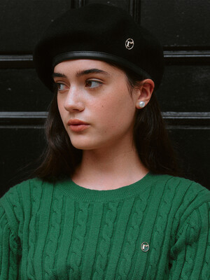 LEATHER LINE WOOL BERET BLACK