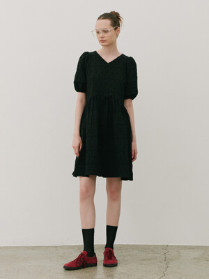 Jacquard Puff short-sleeve Midi Dress Black