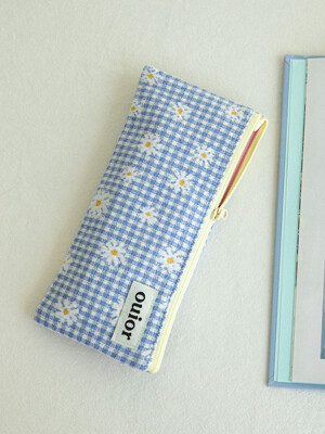 ouior flat pencil case - check flower sora (topside zipper)