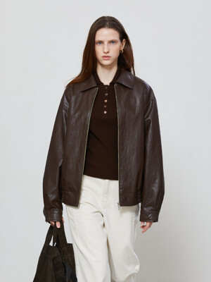 VEGAN LEATHER OVER FIT BLOUSON - BROWN