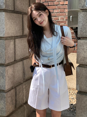 [단독] Draped Neck Tie Half Sleeve Blouse - 2Color