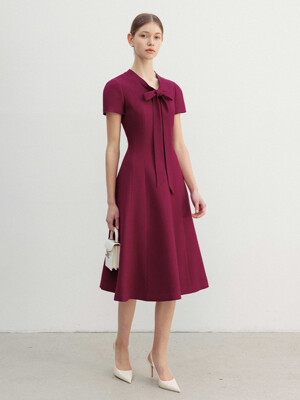 MADDY Ribbon tied short sleeve flared long dress (Magenta)