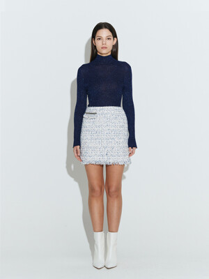 Fringe Tweed Mini Skirt [Blue]