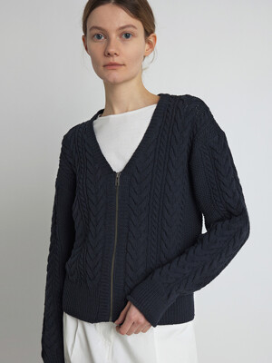[Woman] Cable Zip-Up Cardigan (Navy)