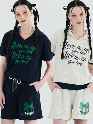 MET Summer Knit Ribbon Printing T-Shirt&Pants Set