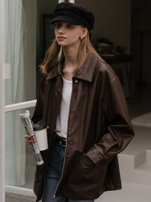 Eco leather pocket jacket(Brown)
